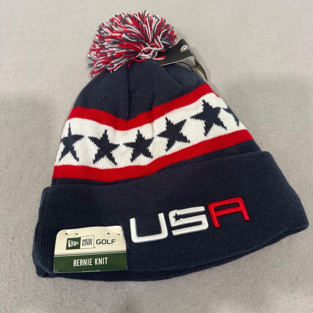 New Era Beanie Mens OSFA Navy USA 2016 Ryder Cup Golf Stars Pom Fleece Lined